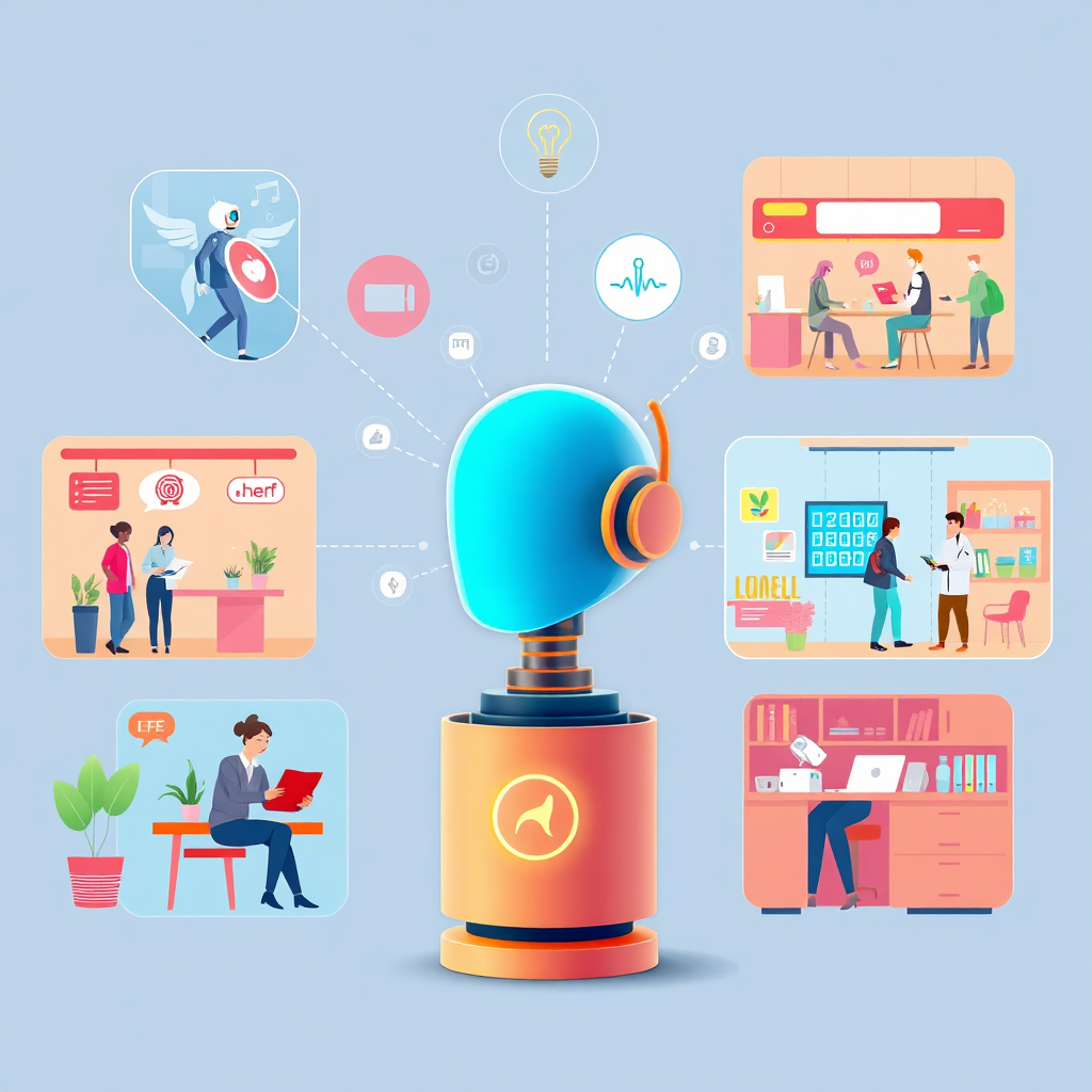 An image depicting an AI assistant seamlessly integrating into different industry settings, like healthcare, retail, and education, showcasing its versatility. Vibrant, modern design. 4K resolution.