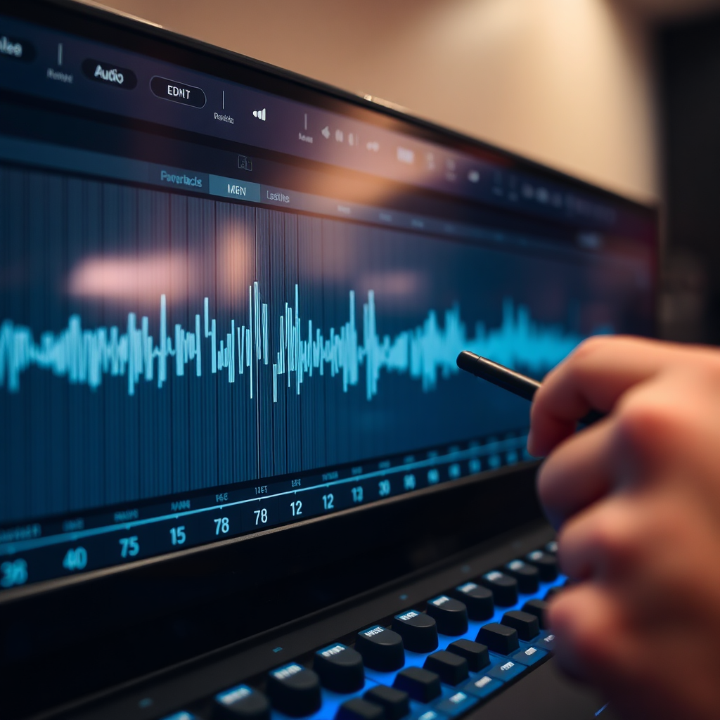 An image depicting an audio waveform being meticulously adjusted and refined in a professional mastering suite. Focus on the waveform and the editing tools. Soft, diffused lighting to showcase the precision of the mastering process. Style: modern and professional.
