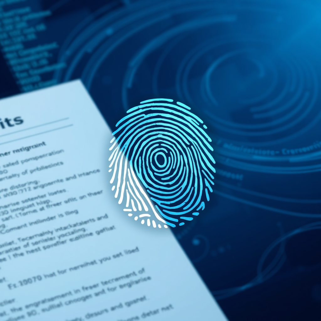 An image of a digital fingerprint overlaid on a financial document. The fingerprint symbolizes security and trustworthiness. The background is abstract, with swirling lines of code. The color palette is deep blue and silver, conveying reliability. 4K resolution, high quality.