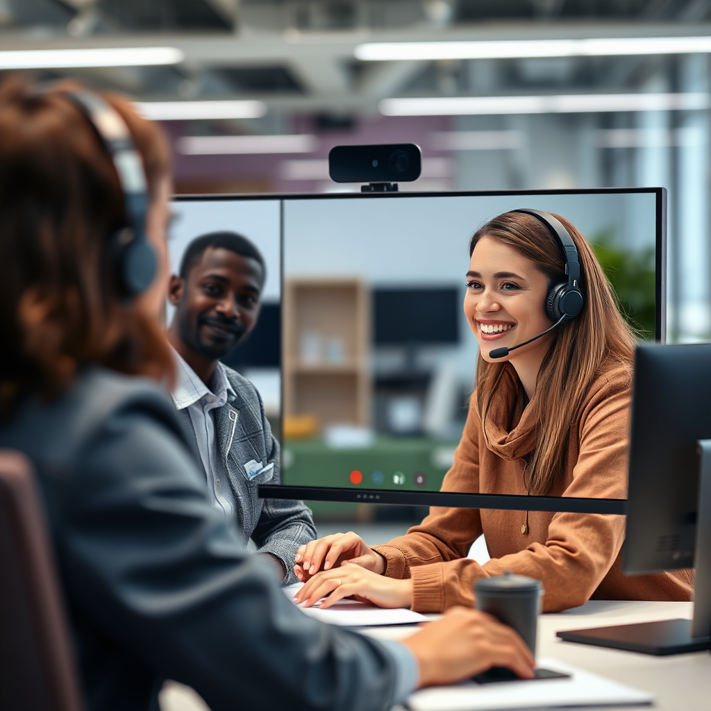 An image of a friendly support agent assisting a customer via video call. The setting is a modern office environment with a focus on human connection and problem-solving.