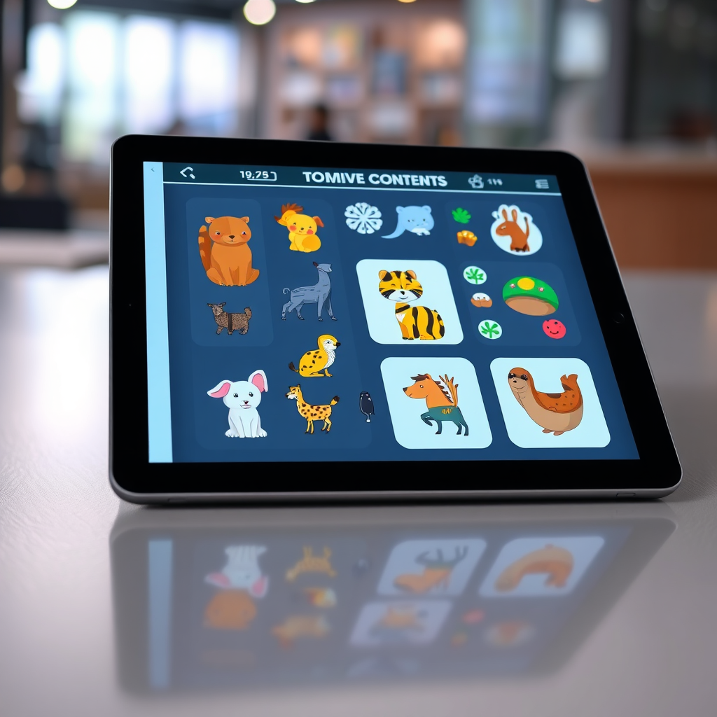 An image representing custom content creation, featuring a digital tablet displaying various animal-themed designs and illustrations. The lighting should be modern and sleek, highlighting the digital interface. Colors should be vibrant and customizable, reflecting the user's preferences. Camera angle: Close-up to showcase the details of the tablet and the designs. Texture should be smooth and glossy. Technical specs: 4K resolution, high quality.