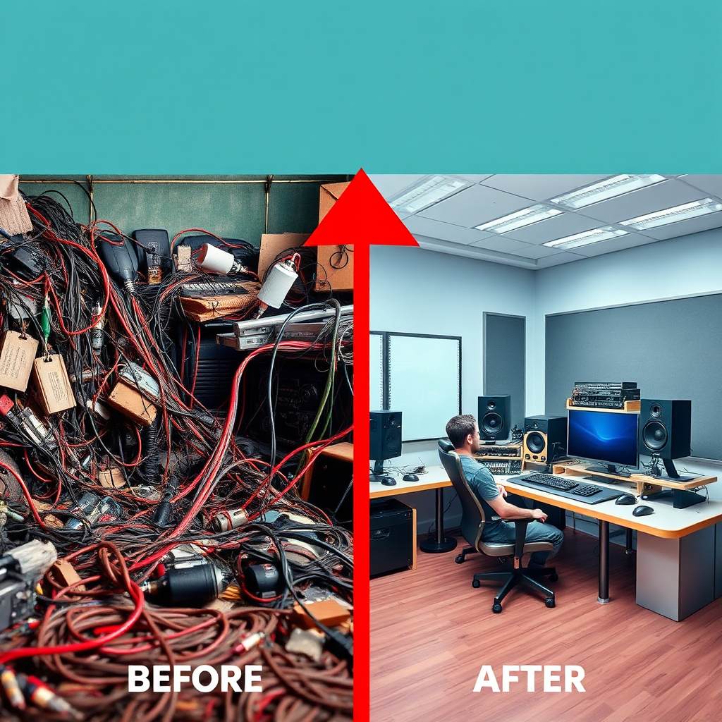 An image representing the transformation of raw, unrefined audio into a polished, professional product. On one side, depict a cluttered and disorganized audio workspace with tangled wires and messy equipment. On the other side, show a clean and organized audio editing suite with state-of-the-art equipment and a focused sound engineer. Use a before-and-after composition to highlight the transformation. The color palette should reflect the change from chaotic and disorganized to clean and professional. Lighting should be used to emphasize the contrast between the two states. Camera angle: straight on, focusing on the comparison. Style: realistic and informative.