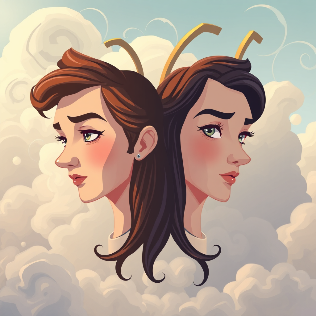  An intriguing image representing Gemini. Depict two stylized faces, mirroring each other, against a backdrop of swirling clouds. The faces should be expressive and inquisitive, with subtle differences in their features. The background could contain abstract representations of thoughts and ideas. The overall feel should be one of curiosity, intelligence, and communication. Lighting should be bright and airy. Style: A modern, illustrative style with a touch of surrealism. High quality.