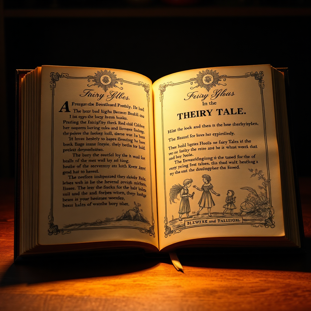 An open book with elegant typography and illustrations related to fairy tales. Warm, inviting lighting. Classic style.