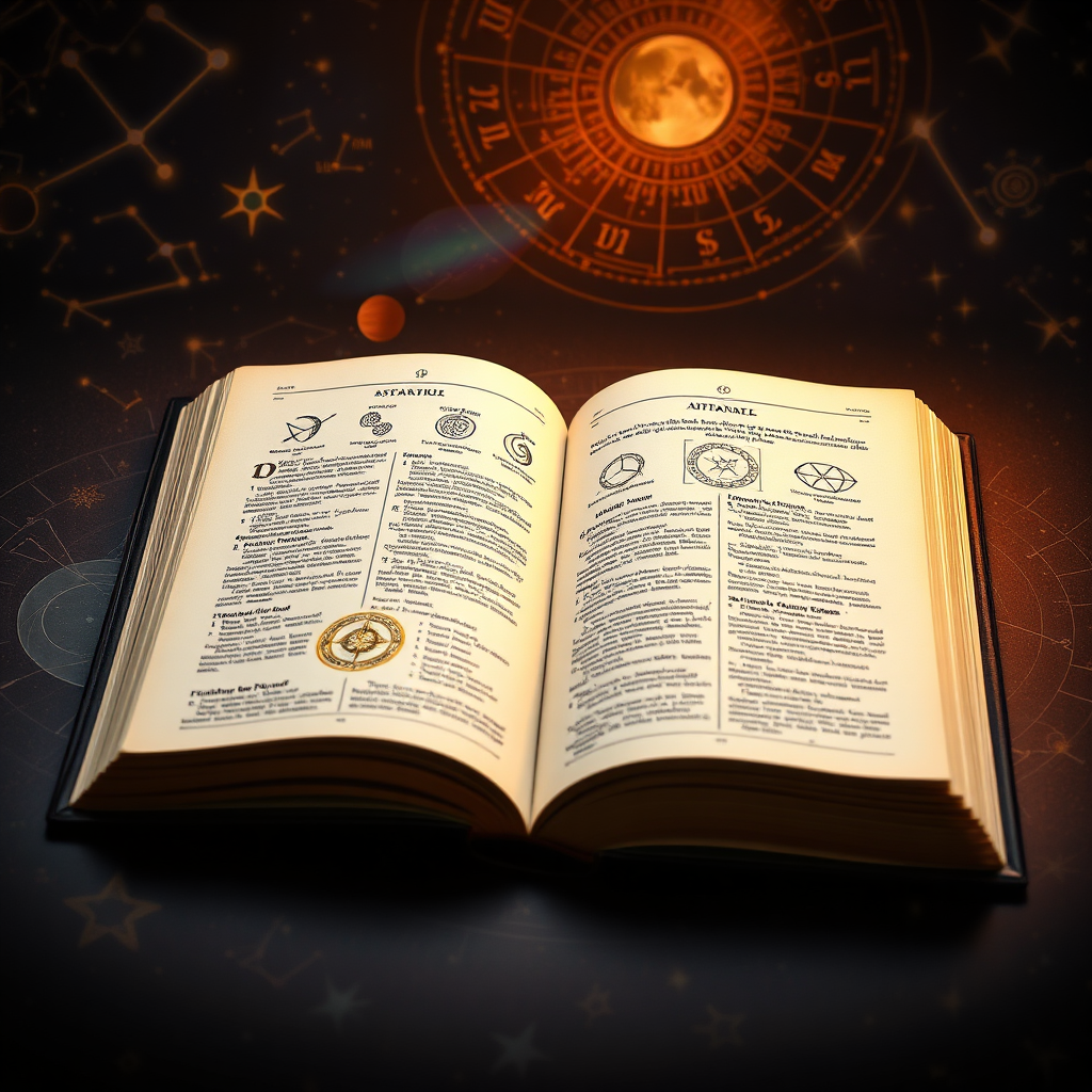 An open book with pages filled with astrological symbols and diagrams. The book is illuminated by a soft, warm light, highlighting the intricate details of the symbols. The background features constellations and celestial patterns, creating a sense of wonder and exploration. The overall aesthetic is scholarly and informative, reflecting the depth and complexity of the articles.
