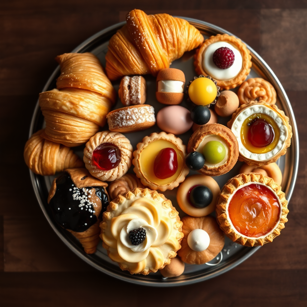 An overhead shot of a beautifully arranged pastry platter featuring a variety of mini pastries, including croissants, danishes, éclairs, and fruit tarts. The platter should be elegantly presented with colorful and appealing pastries. The lighting should be soft and inviting, showcasing the textures and colors of the pastries. 4k resolution.