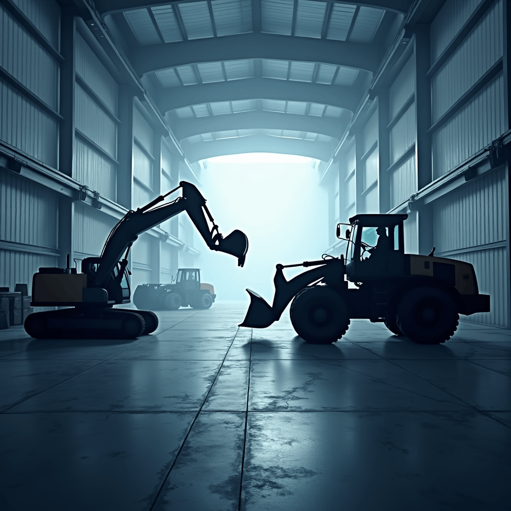 A wide-angle shot of a large warehouse space filled with rows upon rows of meticulously organized rental equipment. Different sections are clearly labeled: 'Power Tools,' 'Construction Equipment,' 'Landscaping,' etc. The equipment ranges from small handheld drills to larger machinery like generators and compactors. The lighting is bright and even, showcasing the sheer variety and scale of the inventory. Staff members are visible, attending to the equipment and assisting customers, creating a sense of activity and availability.