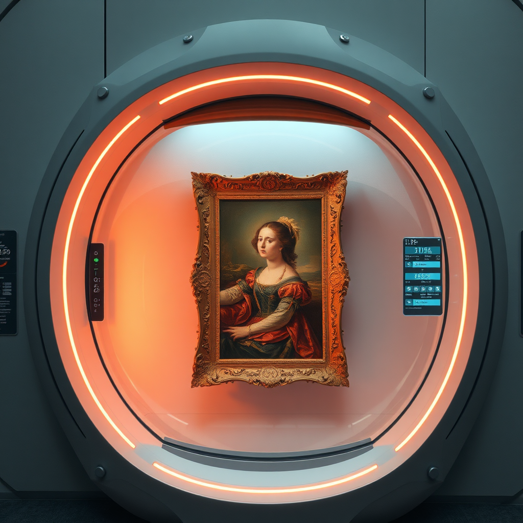 Create a futuristic yet elegant image representing the 'future-proofing' of restored artworks. Imagine a vintage painting enclosed in a high-tech, climate-controlled capsule within a museum setting. Soft, diffused lighting illuminates the artwork, highlighting its vibrant colors and intricate details. Digital displays subtly show data related to temperature, humidity, and air quality control. The color palette should blend warm tones of the artwork with cool, futuristic hues. The composition should convey both the beauty of the art and the advanced technology ensuring its preservation. Camera angle: medium shot focusing on both the artwork and the protective capsule.