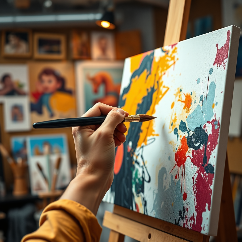 Create a photorealistic 4K image that captures the essence of Pihu's Art. The composition should feature a close-up shot of a painter's hand skillfully applying brushstrokes to a canvas. The canvas displays a vibrant abstract painting with bold colors and dynamic textures. The lighting is warm and inviting, highlighting the details of the brushstrokes and the richness of the colors. In the background, a blurred view of an art studio with various painting supplies and completed artworks adds depth and context. The style is contemporary and expressive, reflecting the passion and creativity that define Pihu's Art. The overall mood is inspiring and uplifting, inviting viewers to explore the world of art.