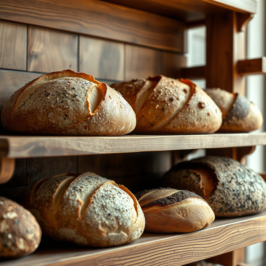 Create a photorealistic image of a variety of artisan breads displayed on a rustic wooden shelf. The breads should include sourdough, rye, and multigrain loaves, each with a unique crust and texture. Soft, natural light should highlight the details of the breads. Focus on capturing the warmth and inviting nature of a bakery setting. 4K resolution.