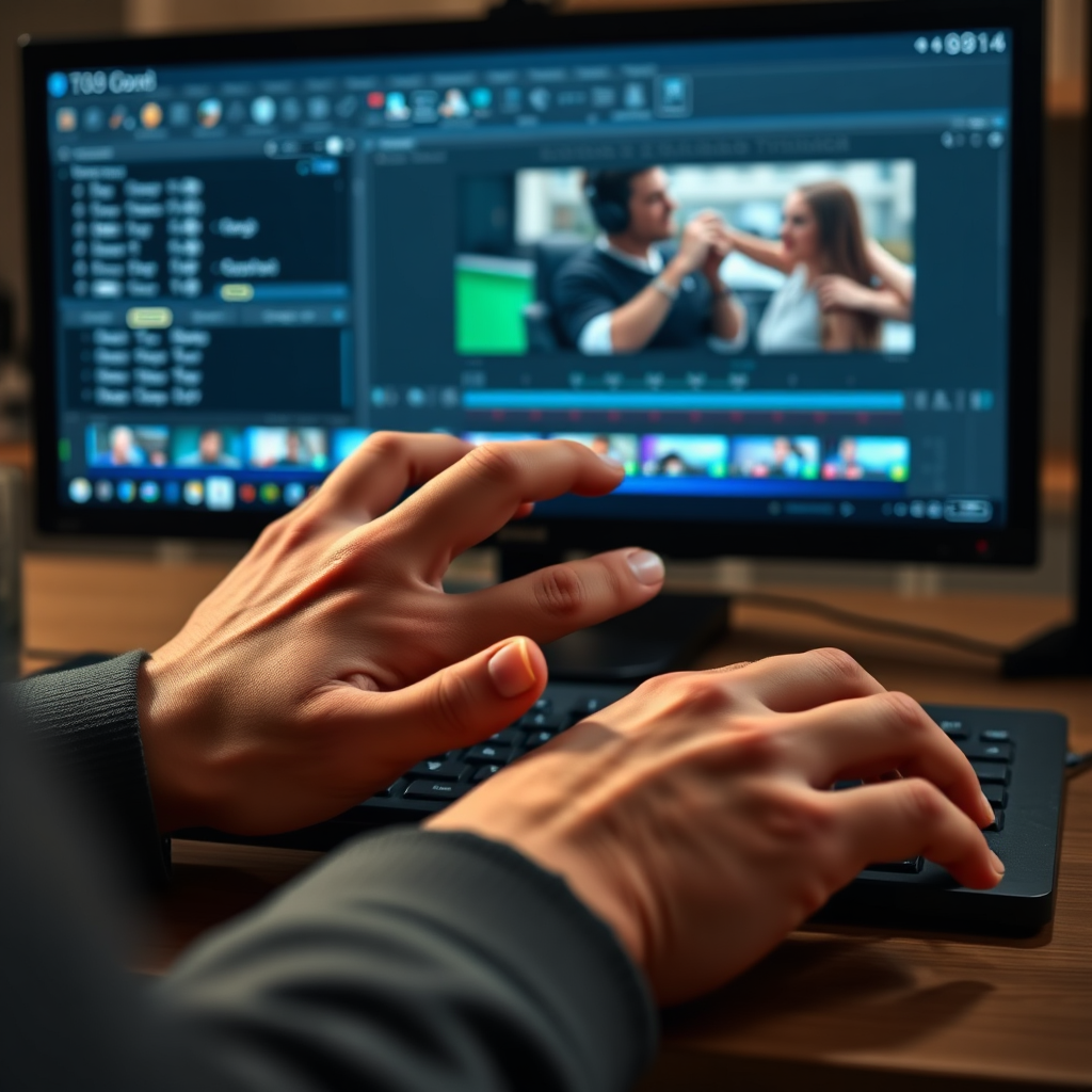 Create a photorealistic image showcasing a video editor demonstrating a complex editing technique. The editor's hands are visible on a keyboard and mouse, with the screen displaying a detailed tutorial interface. Focus on the clarity and precision of the editing software. Camera angle: close-up, emphasizing the editor's hands and the screen.