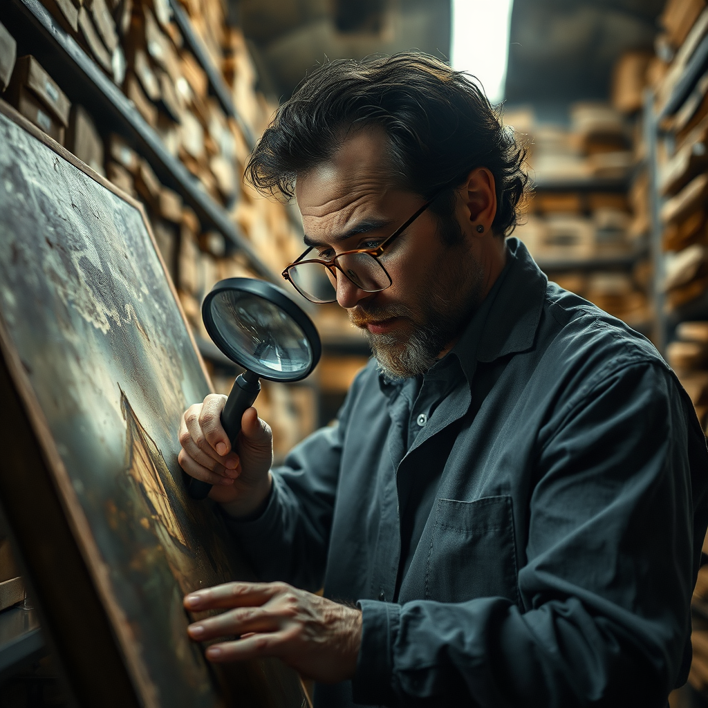 Create a photorealistic image of a conservator meticulously examining a vintage painting under a magnifying glass. The lighting should highlight the details of the brushstrokes and texture of the canvas. Focus on the conservator's focused expression, emphasizing their dedication to preserving art history. The background should be a dimly lit archive, filled with shelves of old documents and artifacts. The color palette should be muted and earthy, reflecting the age and history of the artwork. Camera angle: close-up, focusing on the painting and the conservator's hands.