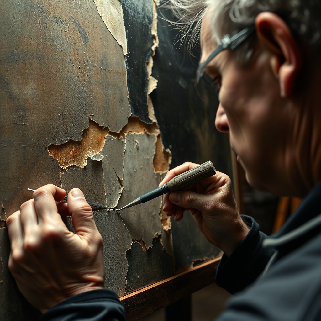 Create a photorealistic image of an art restorer using specialized tools to examine a damaged painting. The lighting should highlight the cracks, tears, and other imperfections on the canvas. Focus on the restorer's meticulous attention to detail. The background should be a dimly lit studio with specialized equipment. The color palette should be muted and somber, reflecting the damage to the artwork. Camera angle: close-up, focusing on the damaged areas and the restorer's tools.