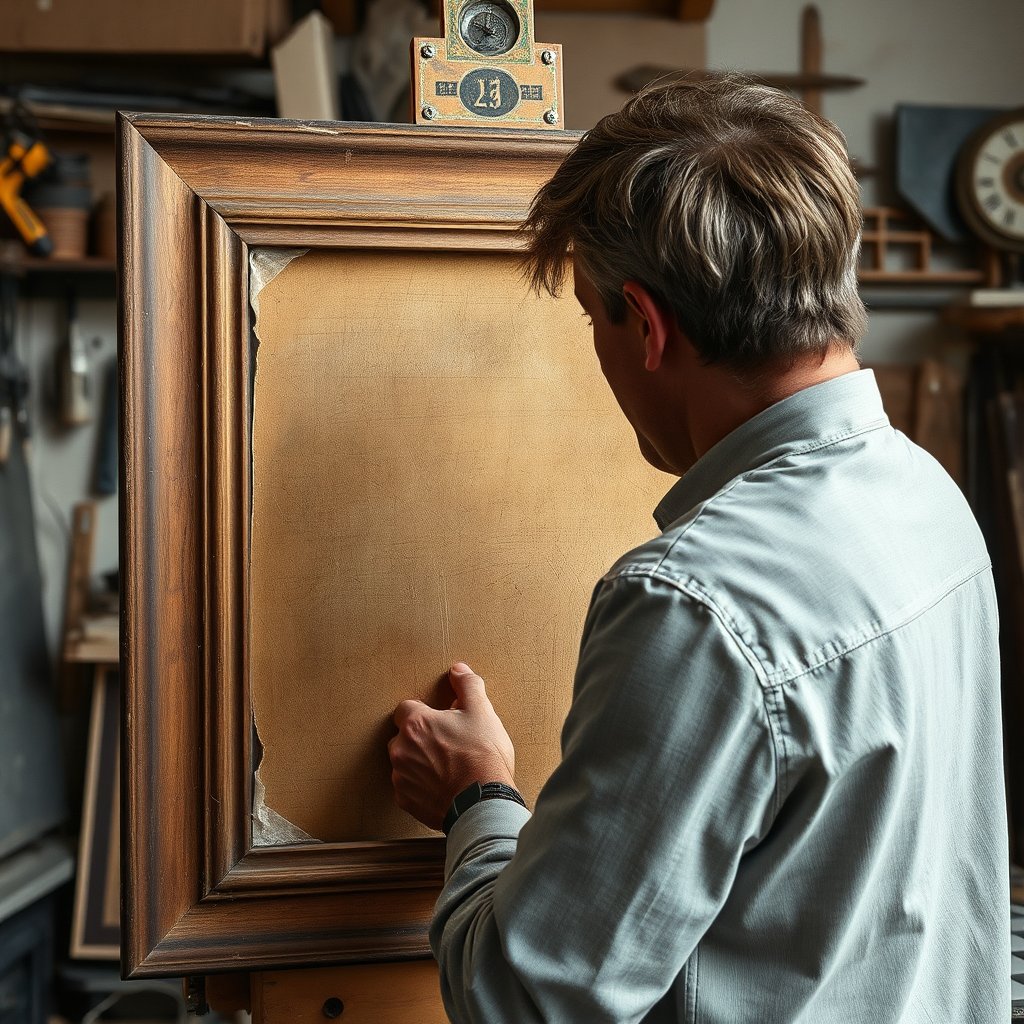 Create a photorealistic image of an art restorer carefully reinforcing the back of a vintage painting with specialized materials. The lighting should highlight the structural support being added. Focus on the restorer's expertise and the durability of the materials. The background should be a workshop with various tools and equipment. The color palette should be earthy and robust, reflecting the strength of the structural support. Camera angle: close-up, focusing on the materials and the restorer's hands.