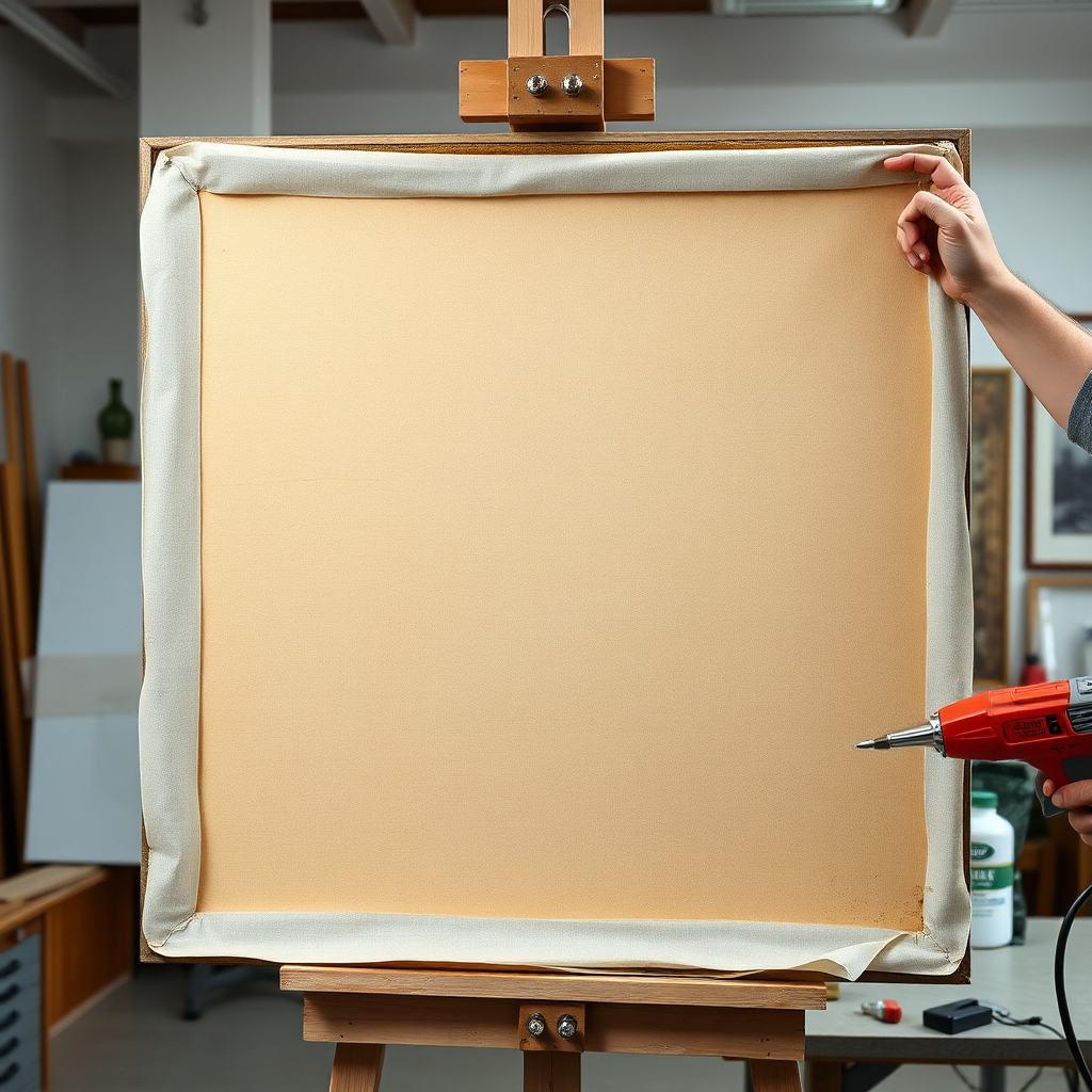 Create a photorealistic image showing the process of canvas relining. Focus on the meticulous application of the new canvas to the back of a vintage painting. The lighting should highlight the texture of the canvas and the precision of the technique. The background should be a clean and organized art restoration studio. Include tools such as stretching pliers, adhesives, and heat guns. The color palette should be neutral and supportive, emphasizing the structural integrity of the relined canvas.