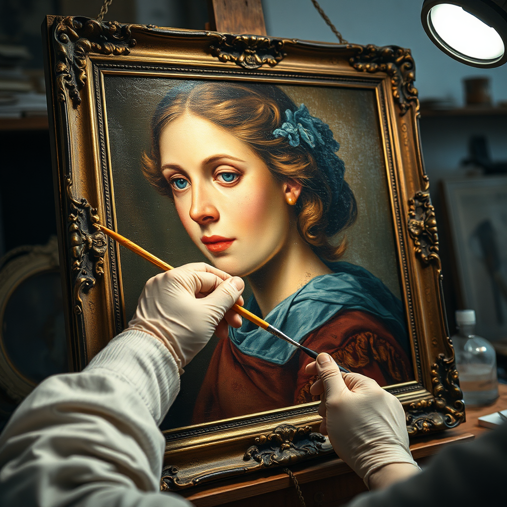 Create a photorealistic image of a vintage painting undergoing restoration. Focus on the hands of the restorer delicately cleaning and retouching the artwork. The lighting should highlight the details of the painting and the restorer's work. The background should be a professional art restoration studio. Include tools such as fine brushes, solvents, and magnifying glasses. The color palette should be warm and inviting, showcasing the beauty of the restored artwork.