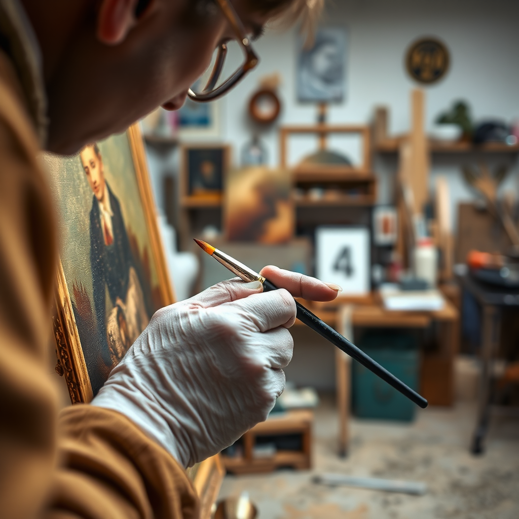 Create a photorealistic image of a skilled art restorer carefully applying pigment to a vintage painting. Focus on the restorer's steady hand and the precision of their work. The lighting should be soft and diffused, highlighting the details of the brushstrokes. The background should be a well-lit studio, filled with art supplies and tools. The color palette should be warm and inviting, reflecting the creativity and craftsmanship of the restorer. Camera angle: close-up, focusing on the restorer's hands and the painting.