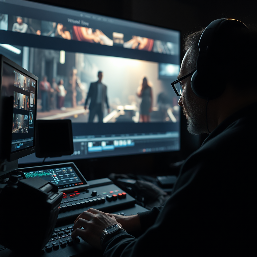 Create a photorealistic image depicting a video editor working on a complex scene. The scene is projected onto a large screen, showcasing a dramatic, pivotal moment in a story. The editor is intensely focused, illuminated by the screen's light. Emphasize the textures of the editing equipment and the vibrant colors of the video scene. The composition should evoke a sense of suspense and creative energy. Camera angle: close-up, slightly from the side.