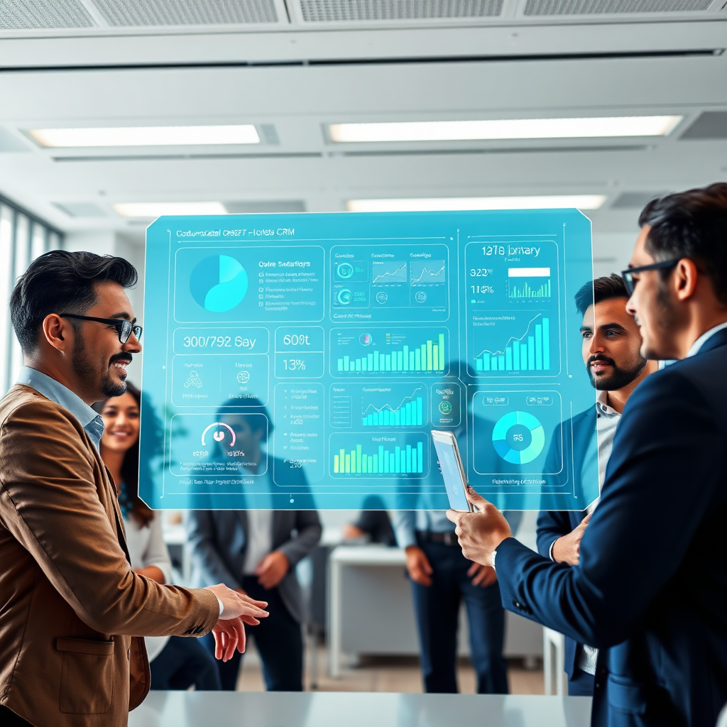 Create a photorealistic, ultra-high quality header image for SenorAI Apps CRM. The image should depict a diverse team collaborating around a large interactive holographic display showcasing customer data, analytics dashboards, and communication flows. The scene should be brightly lit with a modern, clean office environment in the background. Use a color palette of blues, greens, and whites to convey trust, efficiency, and innovation. The camera angle should be slightly low, looking up at the display to emphasize its importance. Pay attention to texture details on the holographic display and the expressions of the team members, showing engagement and collaboration. Include subtle graphical elements representing data streams and customer connections. Style should be hyperrealistic, akin to a high-end tech advertisement. Resolution: 8K, hyperrealistic.