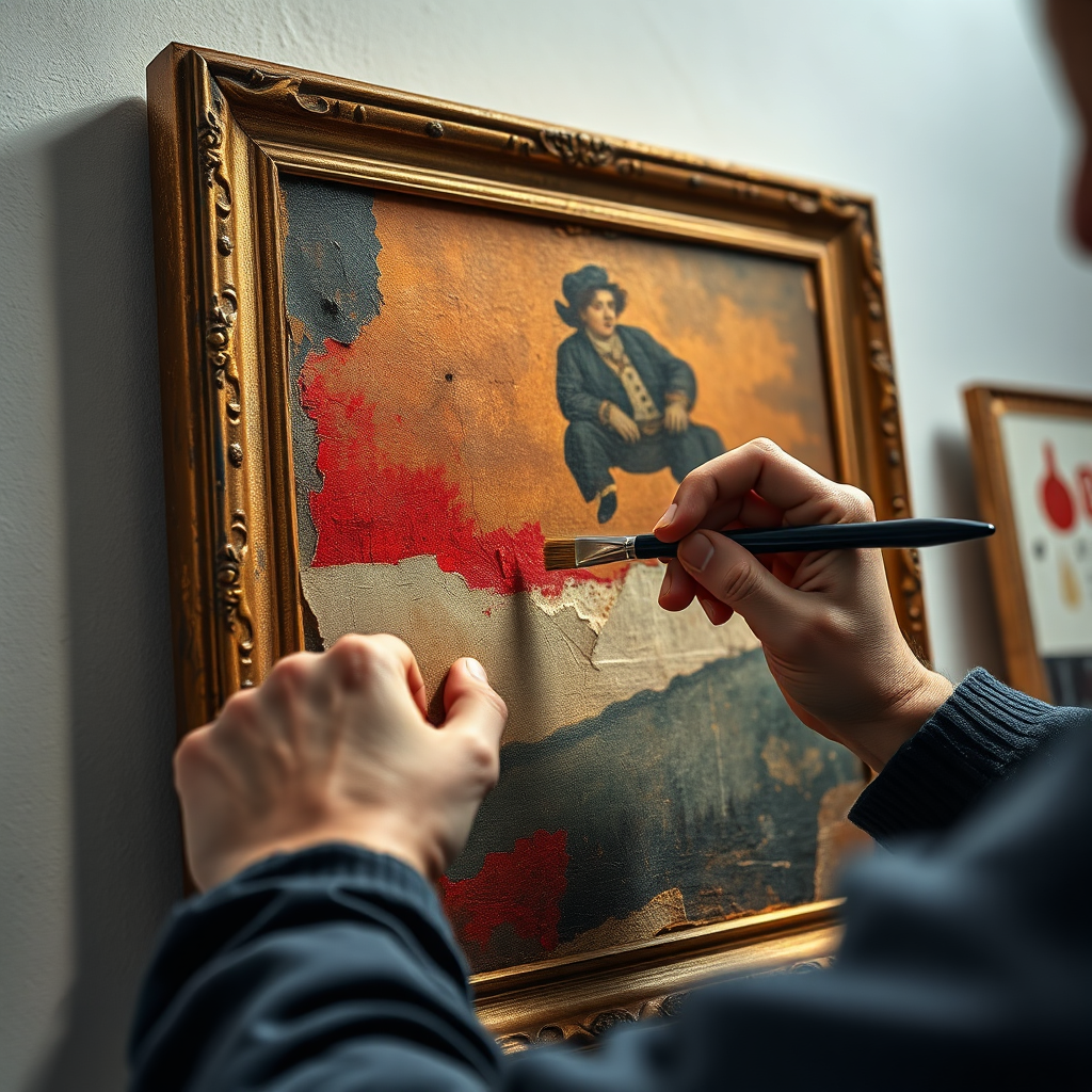 Create a photorealistic, ultra-high-quality 8K header image representing Echo Art Restoration. The scene should depict a skilled art restorer meticulously working on a vintage painting within a brightly lit, professional studio. The painting, partially restored, showcases a vibrant contrast between the faded original and the revitalized colors. Focus on the restorer's hands as they delicately apply pigment with a fine brush. The composition should be a close-up, emphasizing the details of the artwork and the restorer's craftsmanship. The lighting should be soft and diffused, highlighting the textures of the canvas and the paint. The color palette should be rich and warm, with accents of gold and deep reds. Camera angle: slightly above, capturing the scene from the restorer's perspective. Style reference: hyperrealistic painting with a touch of Vermeer's lighting. Include relevant props like artist's tools, magnifying glass, and color palettes. Hyperrealistic details are crucial.