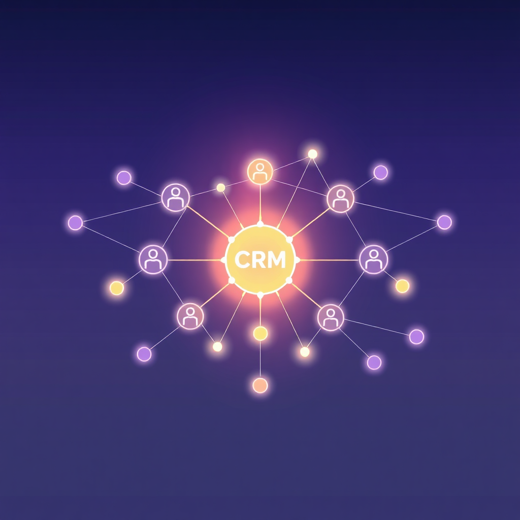 Create a stylized image representing the core mission of SenorAI Apps CRM. The image should feature interconnected nodes forming a network, symbolizing customer relationships. Each node should represent a customer, and the connections between them should be bright and vibrant, illustrating seamless communication and data flow. The central node should represent the CRM system, glowing with a soft light. The background should be a gradient of blue and purple, creating a sense of depth and sophistication. The style should be modern and minimalist, with a focus on clean lines and smooth gradients. Add subtle graphical elements like data charts and communication icons to reinforce the CRM theme. Resolution: 4K, high quality.