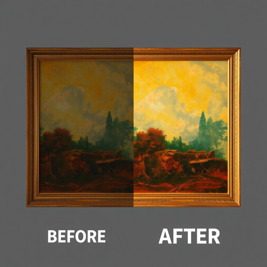 Create a vibrant image showing a side-by-side comparison of a vintage painting before and after color restoration. One side should be faded and dull, while the other should be bright and colorful. The transition between the two should be seamless and dramatic. The lighting should highlight the restored colors, making them pop. The background should be a neutral grey. Camera angle: straight-on, focusing on the comparison. Style reference: a graphic design aesthetic with a focus on color and contrast.