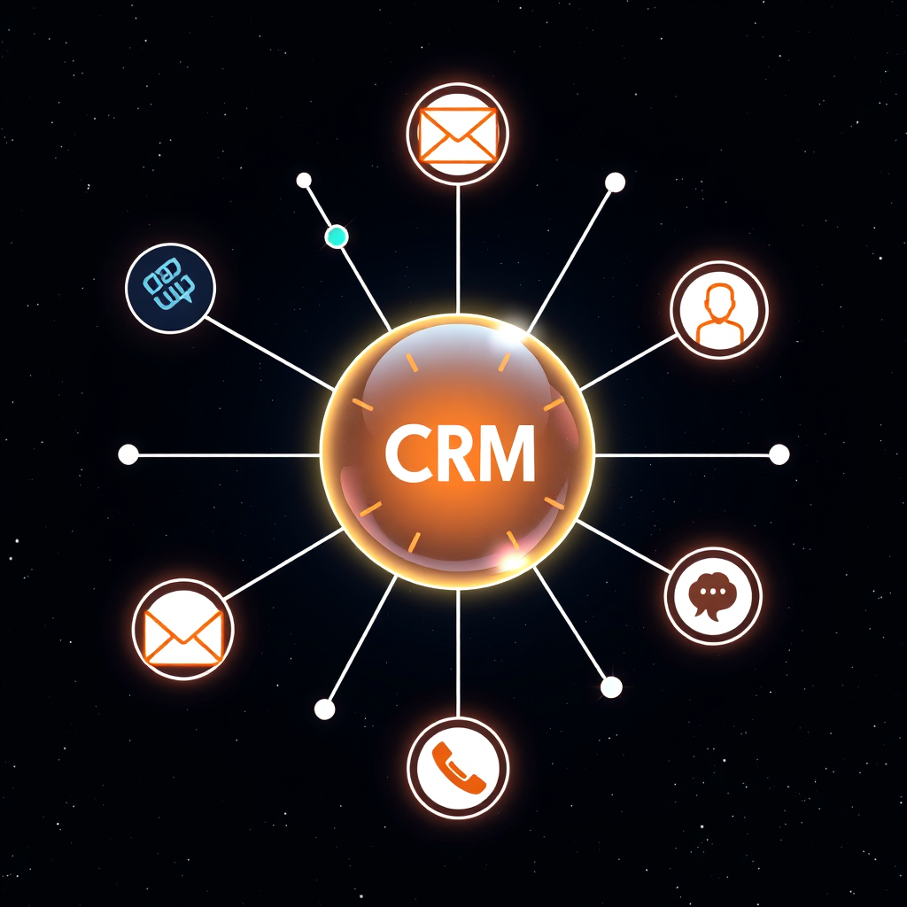 Create an image of a central hub with spokes radiating outwards, representing centralized customer data in a CRM. The hub should be a glowing sphere, and the spokes should connect to various icons representing different customer touchpoints (email, phone, social media). The background should be a dark, starry sky. The style should be stylized and futuristic. Resolution: 4K, high quality.