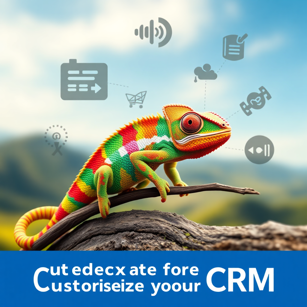 Create an image of a chameleon adapting to its environment, symbolizing the customization of a CRM. The chameleon should be colorful and vibrant, and the environment should represent different business scenarios. The background should be a blurred landscape. The style should be stylized and creative. Resolution: 4K, high quality.