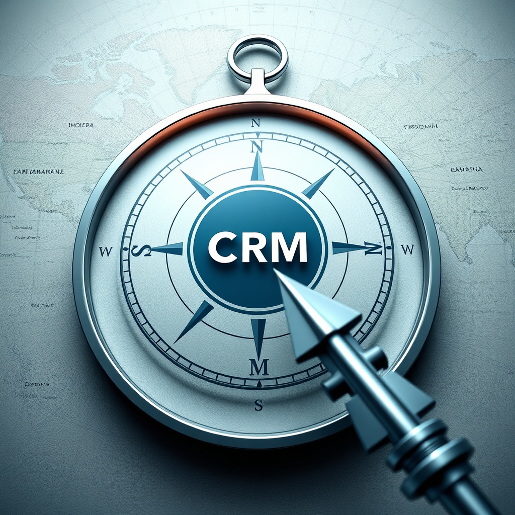 Create an image of a compass pointing towards a target, symbolizing implementing a CRM strategy. The compass should be sleek and modern, and the target should have a CRM logo in the center. The background should be a map representing different customer segments. The style should be photorealistic with a focus on detail. Resolution: 4K, high quality.