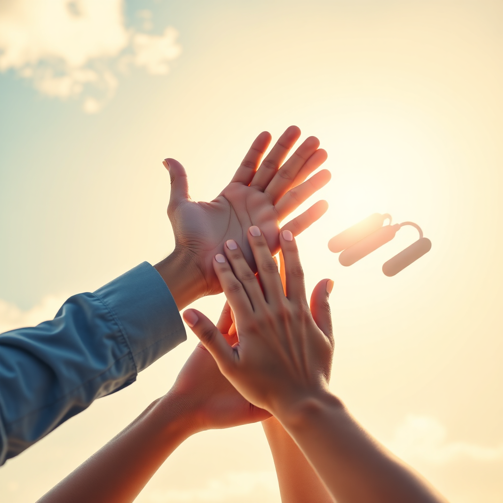 Create an image of a helping hand reaching out to support another, symbolizing ongoing support for a CRM. The hands should be diverse and welcoming, and the background should be a bright, sunny sky. The style should be stylized and supportive. Resolution: 4K, high quality.