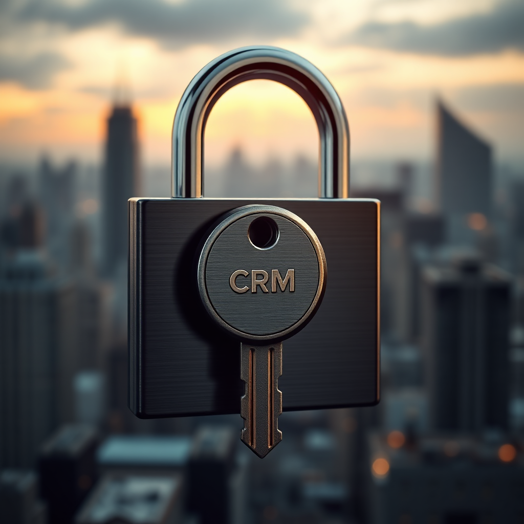 Create an image of a key turning in a lock, symbolizing unlocking business growth with the right CRM. The lock should be sleek and modern, and the key should have a CRM logo subtly embedded in it. The background should be a blurred cityscape, representing business opportunities. Lighting should be dramatic, with the key and lock highlighted. The style should be photorealistic with a focus on detail. Resolution: 4K, high quality.