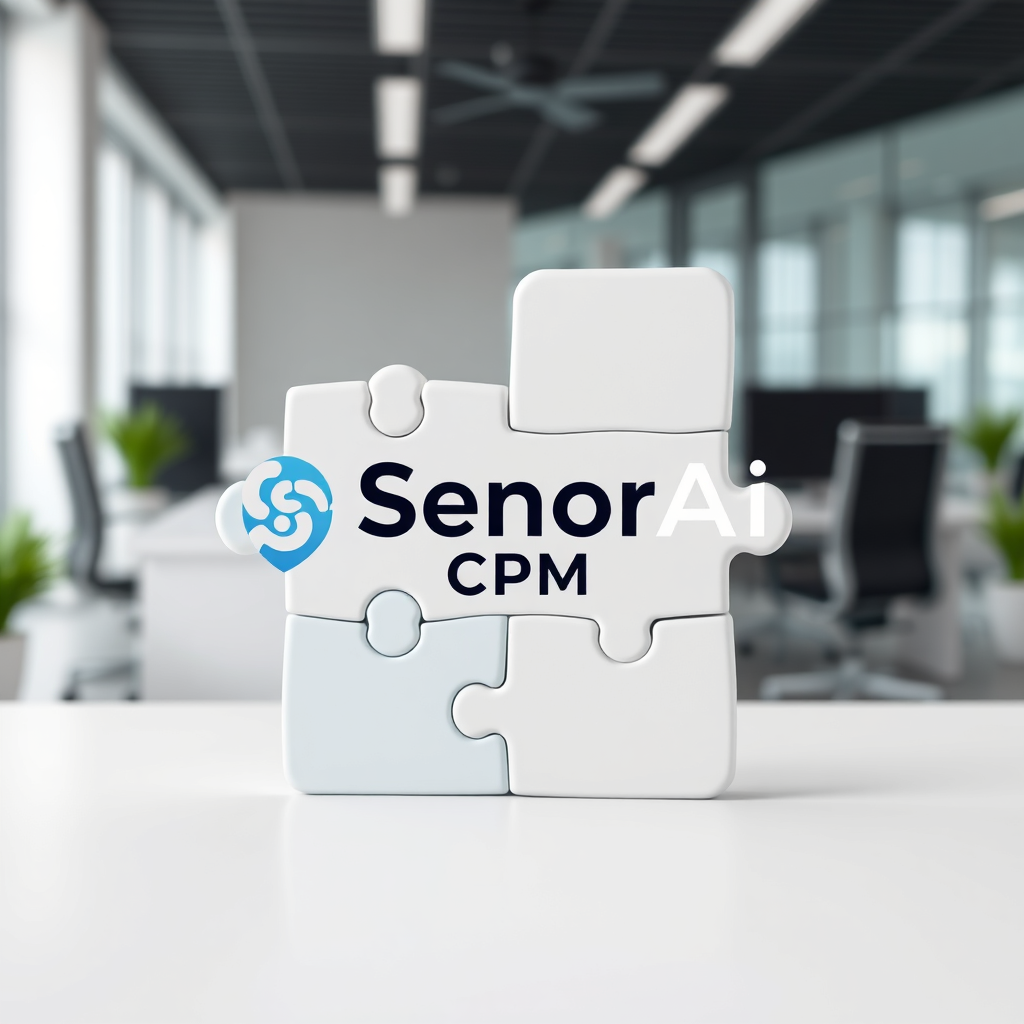 Create an image of a puzzle being assembled, with the final piece being the SenorAI Apps CRM logo. The puzzle pieces should represent different business systems. The background should be a clean, professional office environment. The style should be stylized and modern. Resolution: 4K, high quality.