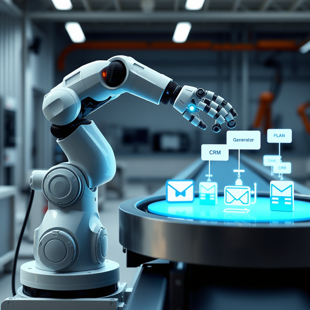 Create an image of a robotic arm performing tasks on a conveyor belt, symbolizing automated workflows in a CRM. The robotic arm should be sleek and modern, and the conveyor belt should carry items representing different CRM tasks (lead generation, email marketing). The background should be a clean, industrial environment. The style should be photorealistic with a focus on technical detail. Resolution: 4K, high quality.