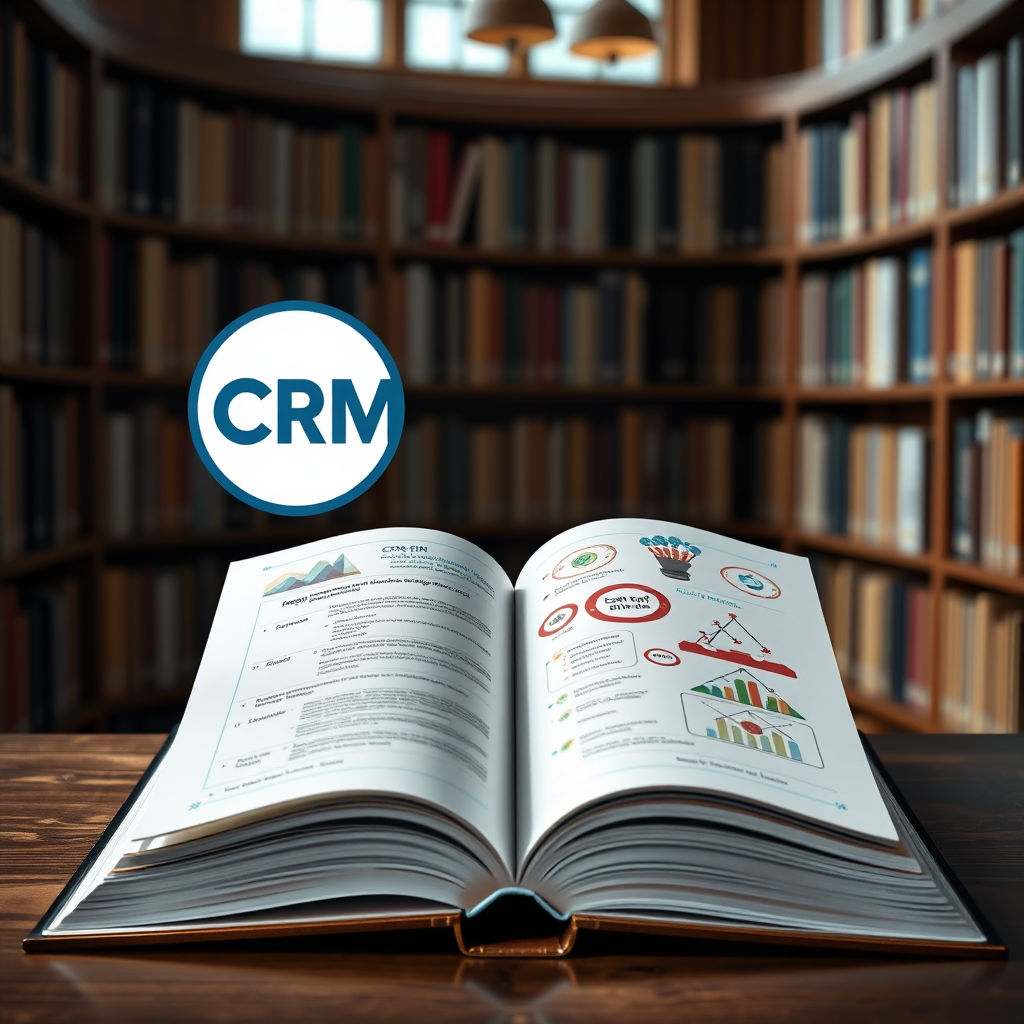 Create an image of an open book with a CRM logo on the cover, symbolizing learning the basics of CRM. The pages of the book should be filled with diagrams and charts representing CRM concepts. The background should be a cozy, inviting library. The style should be stylized and educational. Resolution: 4K, high quality.