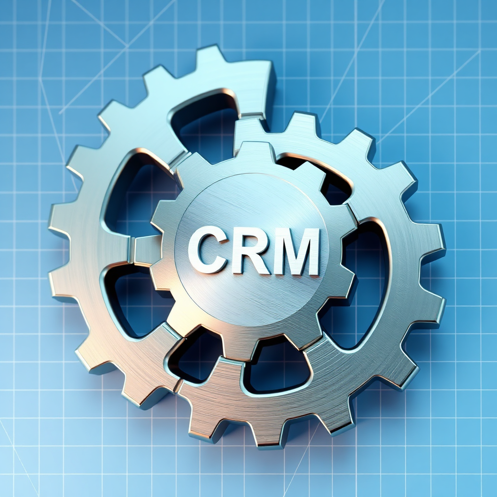 Create an image of interconnected gears smoothly turning together, representing the seamless integration of a CRM with other business systems. The gears should be metallic and polished, with the CRM logo subtly displayed on one of them. The background should be a blueprint-style grid. The style should be photorealistic with a focus on technical detail. Resolution: 4K, high quality.