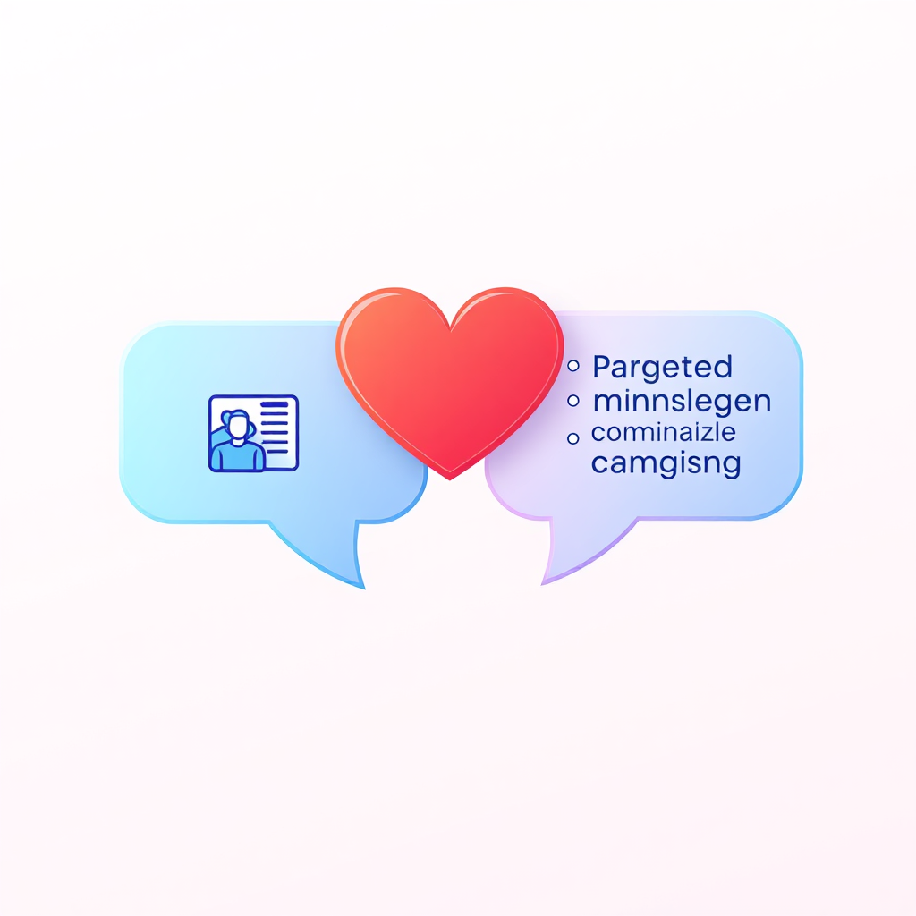 Create an image of two speech bubbles connected by a heart, symbolizing improved communication in a CRM. The speech bubbles should be bright and colorful, with icons representing personalized messaging and targeted campaigns. The background should be a soft, pastel gradient. The style should be stylized and friendly. Resolution: 4K, high quality.
