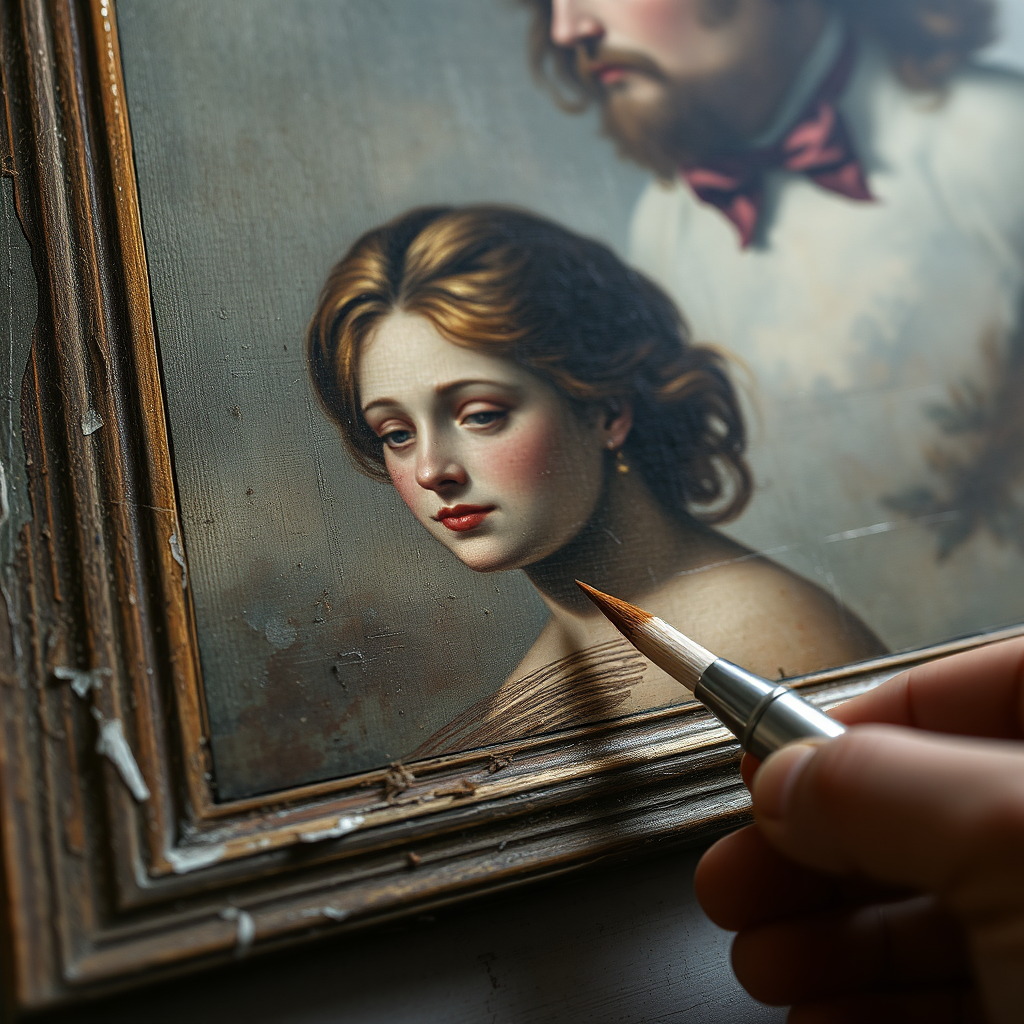 Create an image that represents the ethical approach to art restoration, showcasing the principle of reversibility. Depict a vintage painting with subtle layers of restoration, highlighting how these layers can be carefully removed without damaging the original artwork. The scene should be softly lit, emphasizing the delicate nature of the process. The color palette should be muted, with a focus on highlighting the different layers. Include tools that symbolize precision and care. The overall composition should convey transparency and respect for the original artwork. Camera angle: close-up to capture the layered effect.