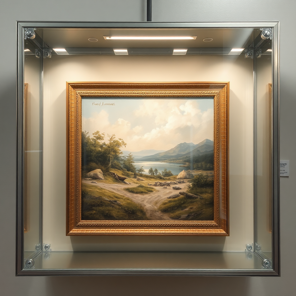 Create an image that symbolizes the concept of conservation-focused art restoration. Depict a vintage painting encased in a protective, transparent barrier, ensuring its preservation from environmental factors. The painting should be softly illuminated, showcasing its beauty while emphasizing its protection. The color palette should be neutral and calming, reflecting the peace of mind that comes with long-term preservation. Include elements that represent environmental control, such as humidity gauges. The composition should be balanced and harmonious, conveying a sense of timeless preservation. Camera angle: wide shot to showcase the protective barrier.