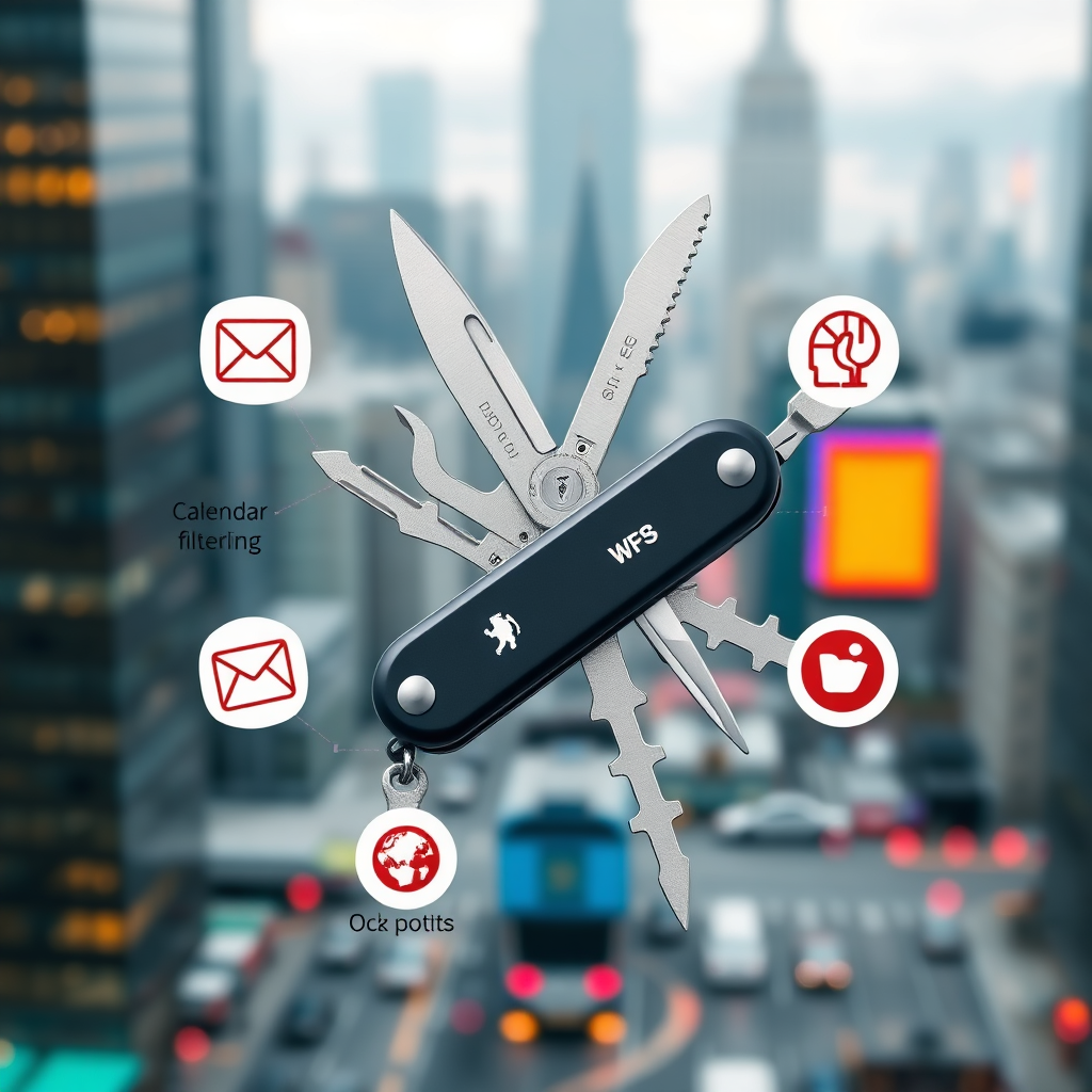  Photorealistic image of a digital Swiss Army knife, each tool representing a different virtual assistant feature. Tools like calendar management, email filtering, data analysis, and social media posting. The background is a blurred, busy cityscape. 4k resolution, studio lighting, sharp focus.
