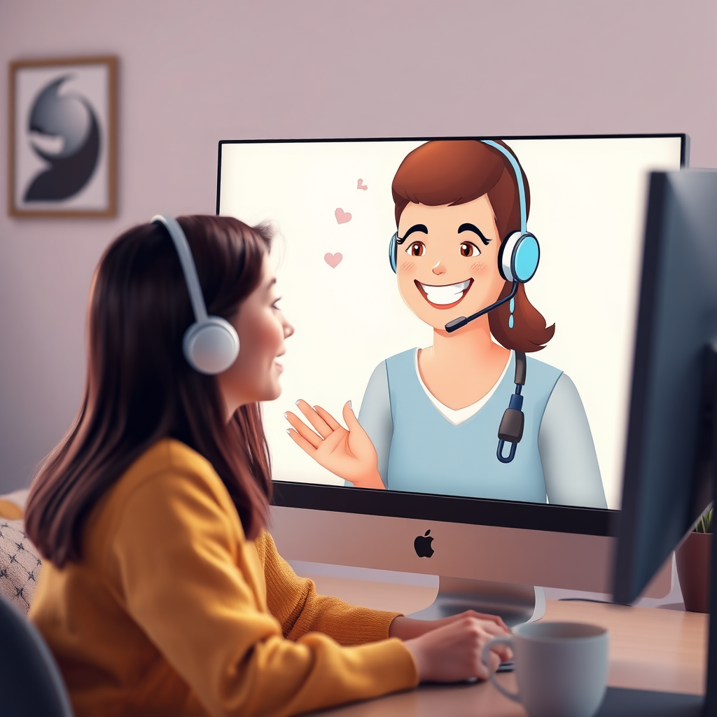 Photorealistic image of a friendly virtual assistant avatar smiling and interacting with a user on a computer screen. Warm, inviting color palette. Emphasis on communication and empathy.