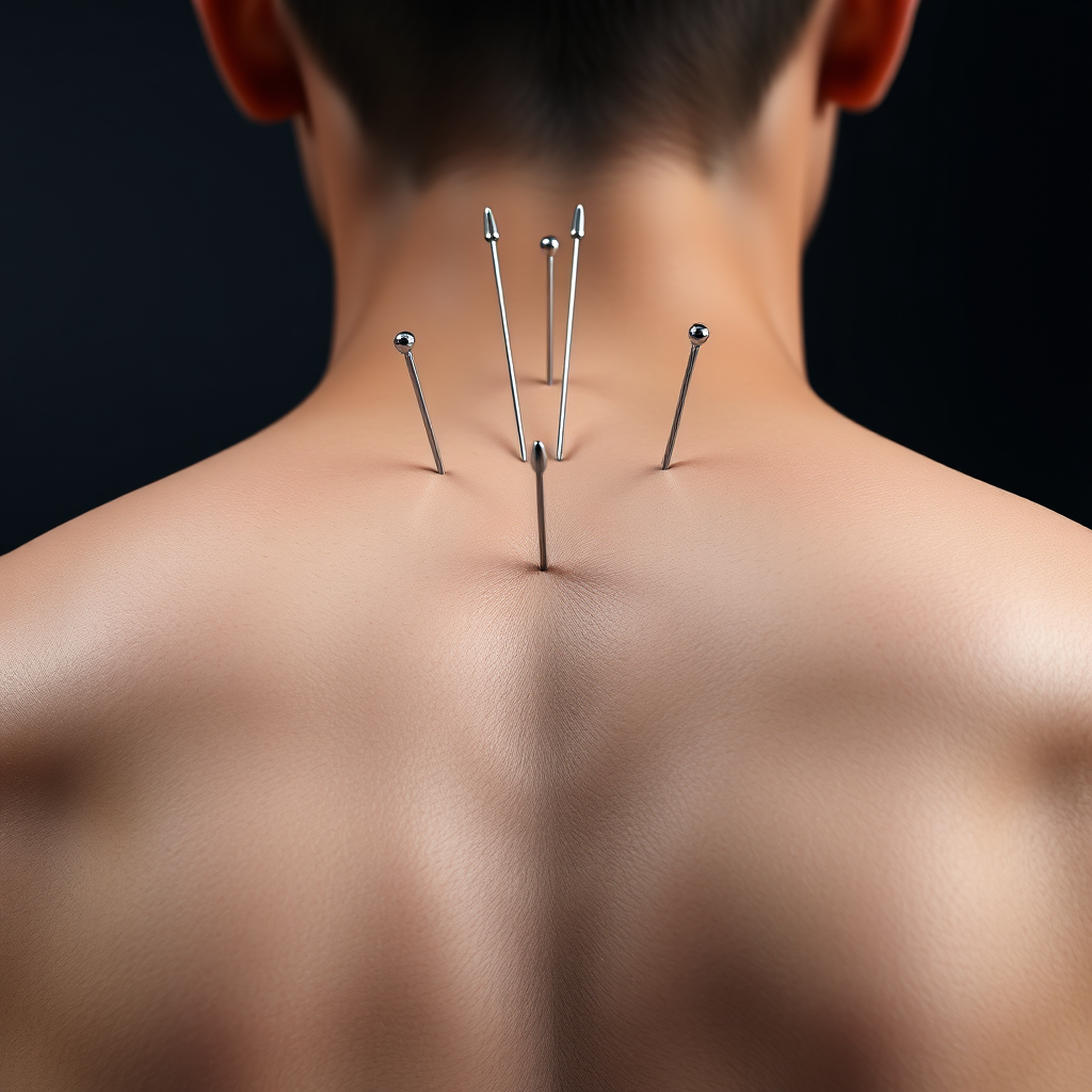 Photorealistic image showcasing the human back with strategically placed acupuncture needles. Focus on the acupuncture points along the spine, with subtle lighting highlighting the skin's texture. The background is dark and blurred, drawing attention to the needles and the back. The needles are rendered with high detail, showing their smooth surface and sharp tips. Style: Medical photography with a focus on realism and detail. Technical specs: 4K resolution.