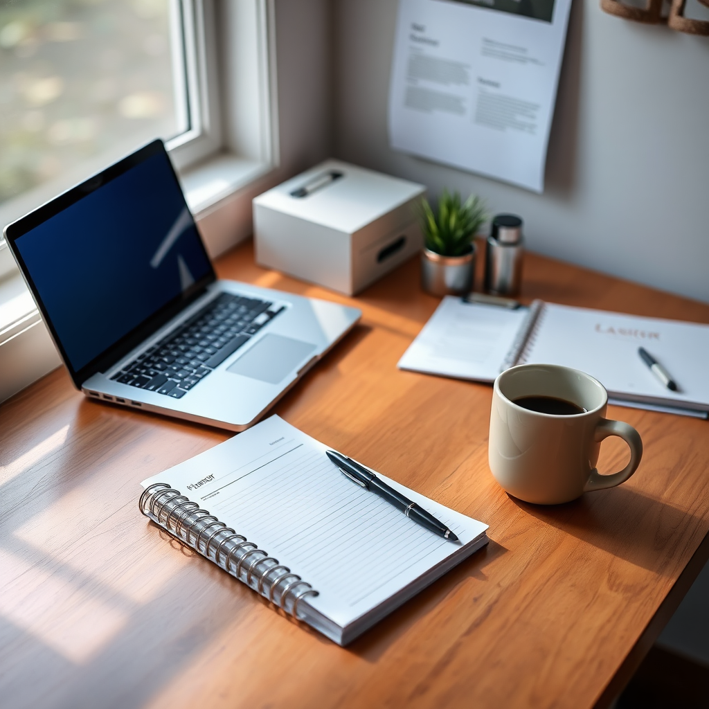 Photorealistic, slightly overhead shot of a clean, organized desk with a planner, a laptop, and a cup of coffee. Natural light streaming through a window. Focus on the sense of order and efficiency.