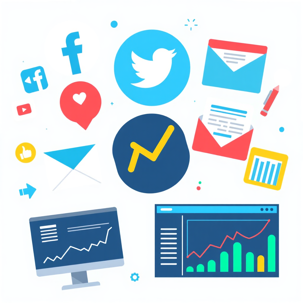 Stylized image featuring various marketing elements: social media icons, email blasts, content calendars, and analytics dashboards. The image uses bright and attractive colors.