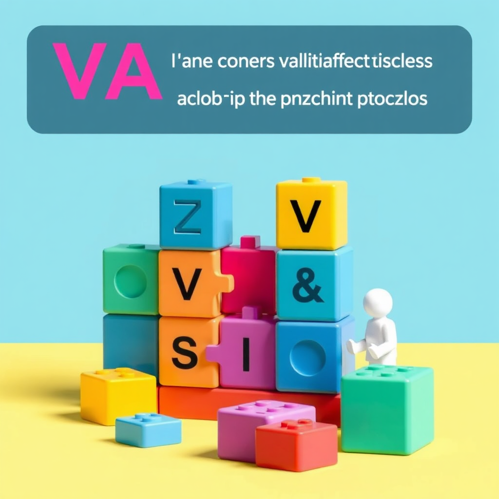 Stylized image showing building blocks that represent VA skills, arranged in a customizable package, like creating a perfect puzzle. The scene uses bright colors, dynamic composition to highlight user's role in designing services.