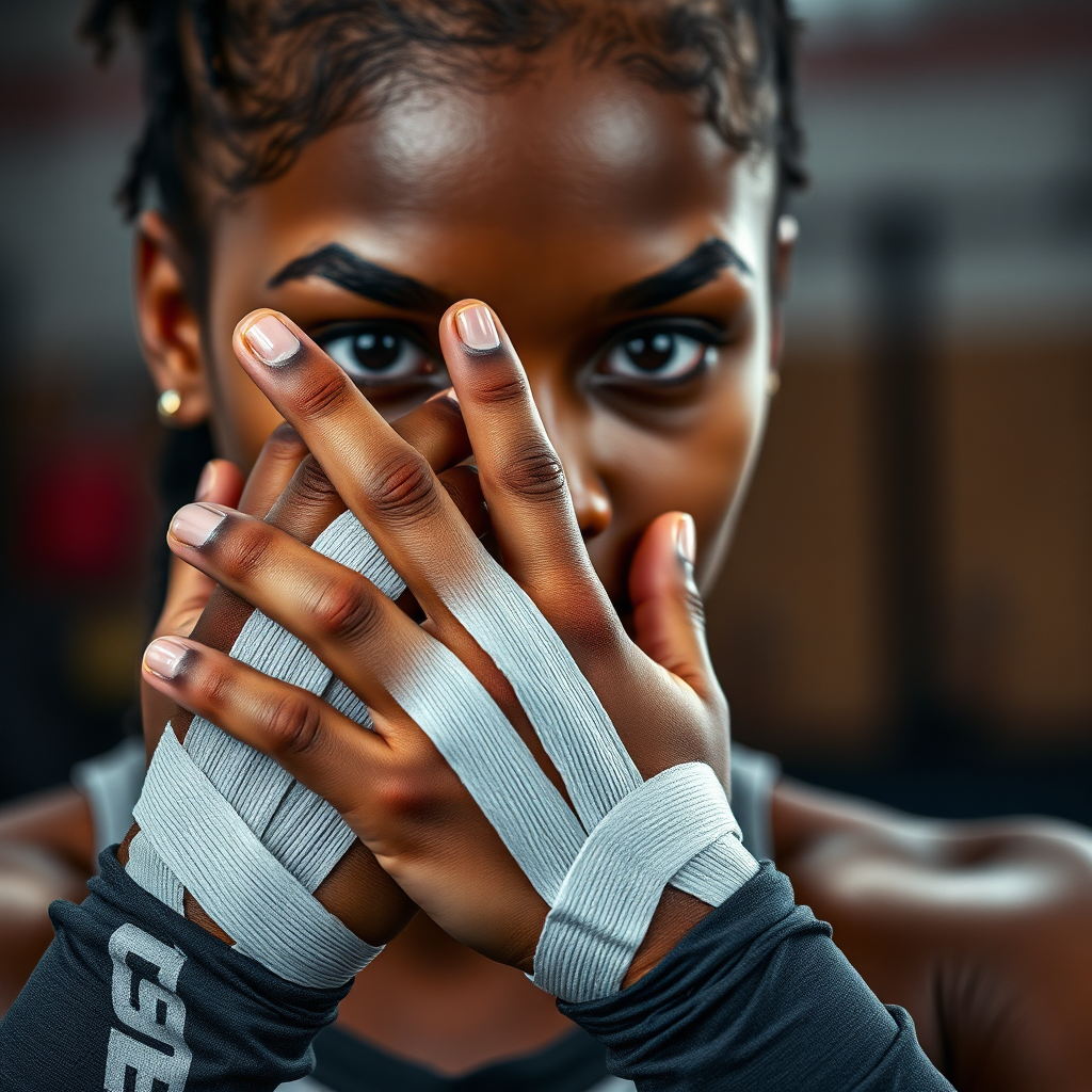A close-up shot of Safiyah Johnson’s hands wrapped in athletic tape before a training session. Focus on the details of the tape, the lines on her hands, and the determination in her eyes. The background is blurred, showing the training environment. Style: Intimate sports photography. Technical specs: 4K resolution, high detail.