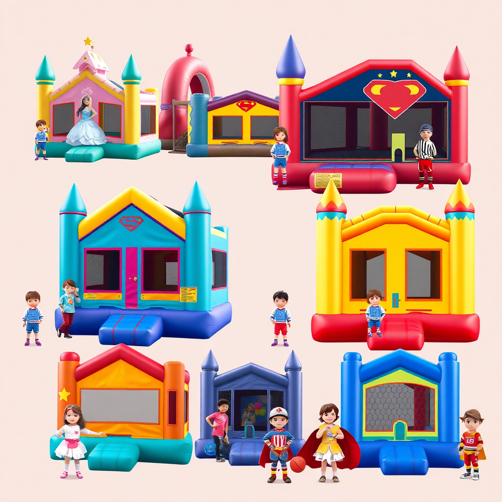 A collage showcasing different themed bounce houses (princess, superhero, sports, etc.). Each bounce house is vibrantly colored and detailed, reflecting the chosen theme. Children dressed in matching costumes add to the immersive experience. The background is a simple gradient to make the themes stand out. Style: Stylized, vibrant. Technical specs: 4K resolution.