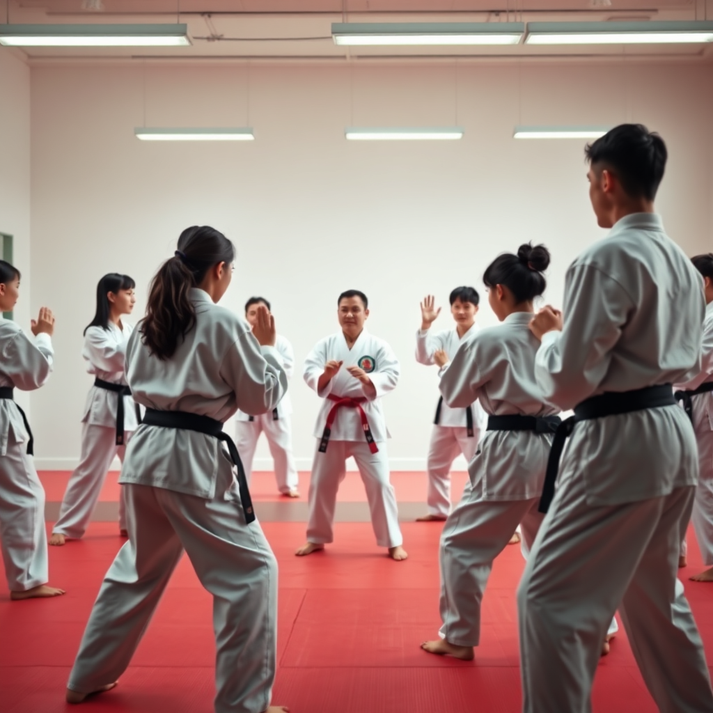 A diverse group of beginners practicing basic Taekwondo stances in a brightly lit dojo, led by an instructor. The atmosphere is encouraging and supportive. Focus on proper form and technique. Style: Instructional sports photography. Technical specs: 4K resolution, clear demonstration.