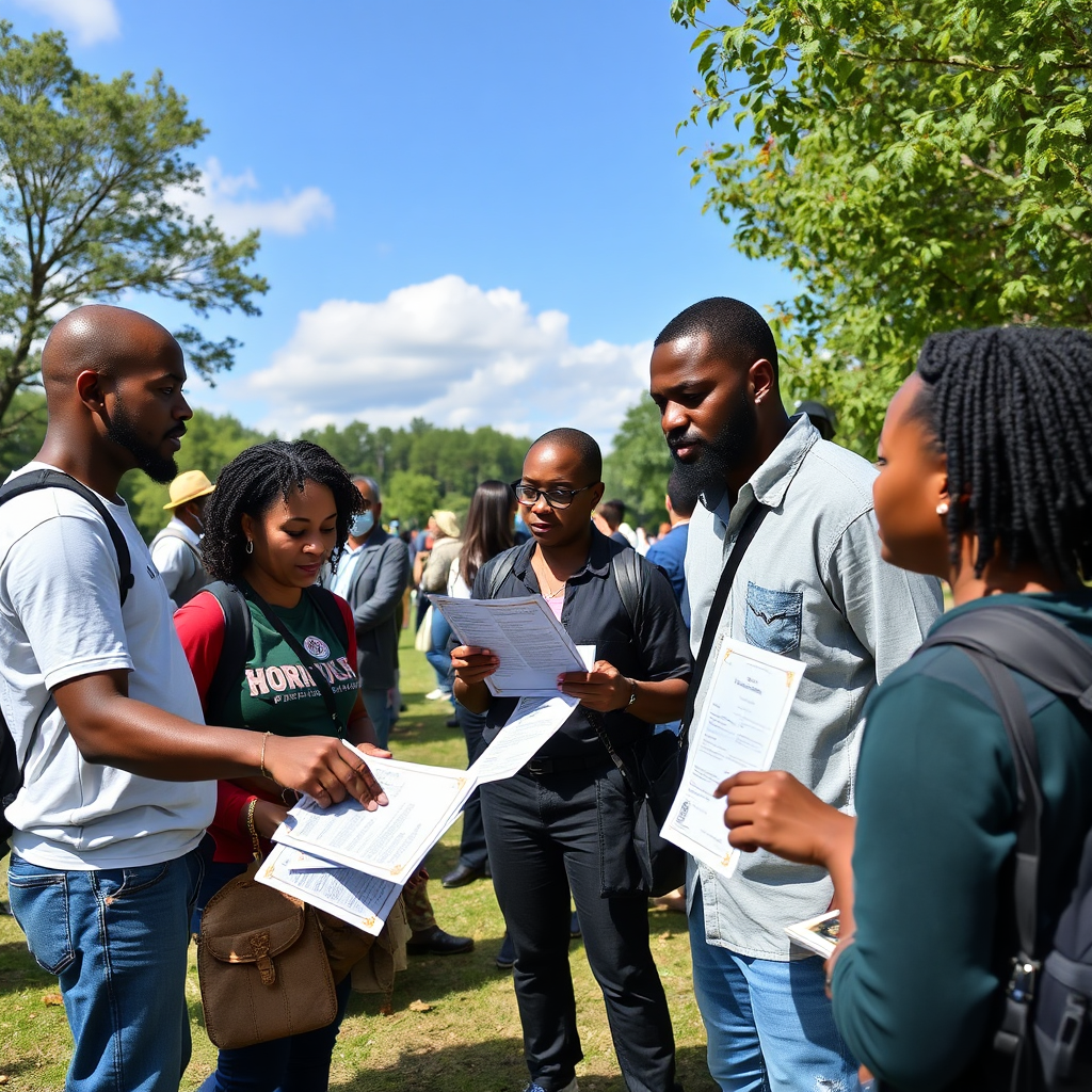 A photorealistic image of a diverse group of people holding signs at a peaceful protest. The background is a city skyline. The lighting is natural and bright. The colors are vibrant and diverse. The camera angle is a wide angle, showing the entire crowd. Texture details capture the signs and clothing. Style: Documentary realism. Technical Specs: 4K resolution, high quality.
