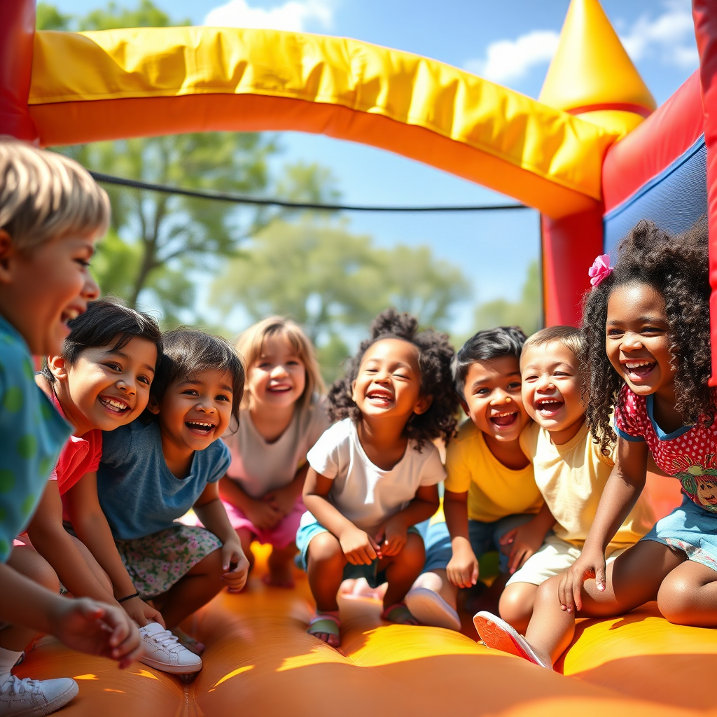 A group of diverse children laughing and playing joyfully inside a bounce house. The bounce house is brightly colored and well-maintained. The background is a blurred park setting with trees and blue sky. The focus is on the children's expressions of pure joy and excitement. The lighting is natural and bright, conveying a sense of happiness and energy. The camera angle is slightly elevated, capturing the whole scene. Texture details: the fabric of the bounce house, the children's hair and clothes, the green grass. Style: Photorealistic. Technical specs: 4K resolution, high quality.