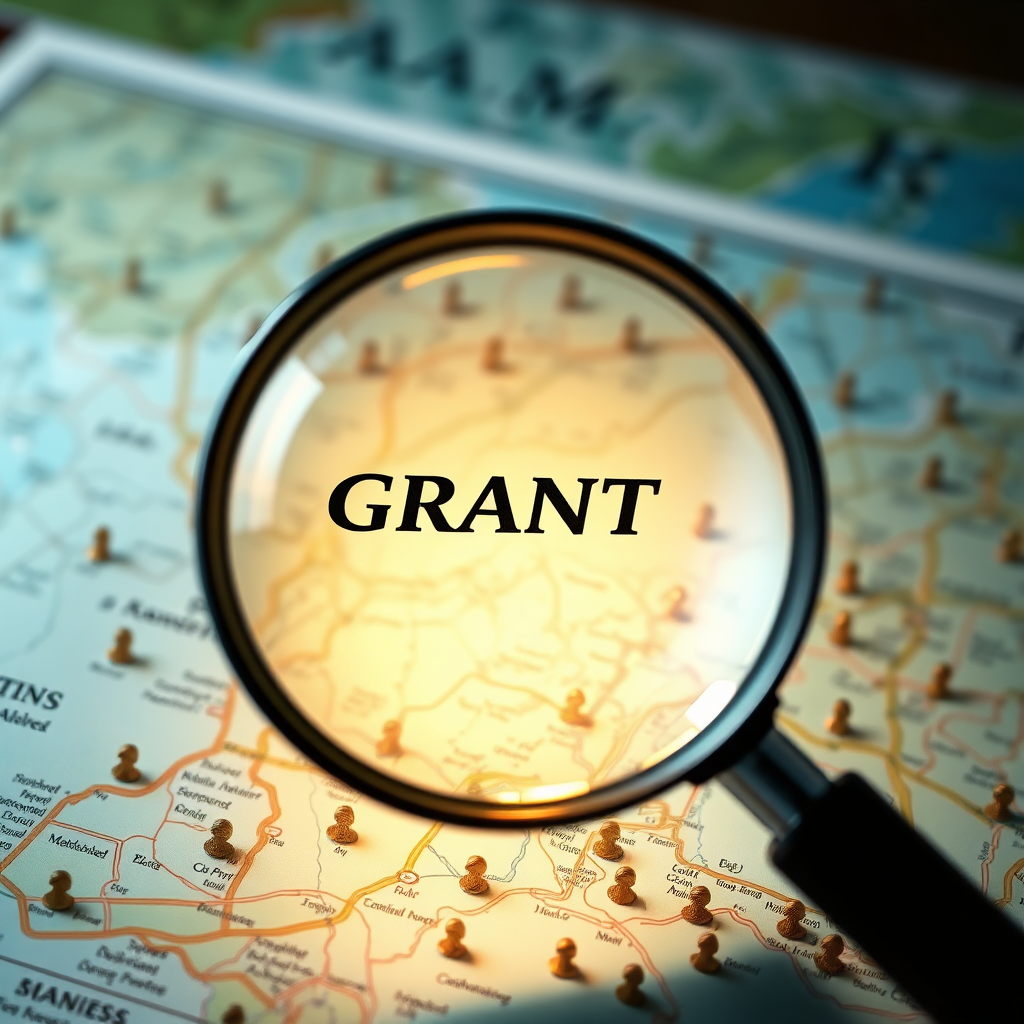 A magnifying glass hovering over a map filled with symbols that represent potential grant opportunities. Soft, focused light. The image conveys discovery and precision. Style: Photorealistic, professional. Colors: Blues, greens, and golds.